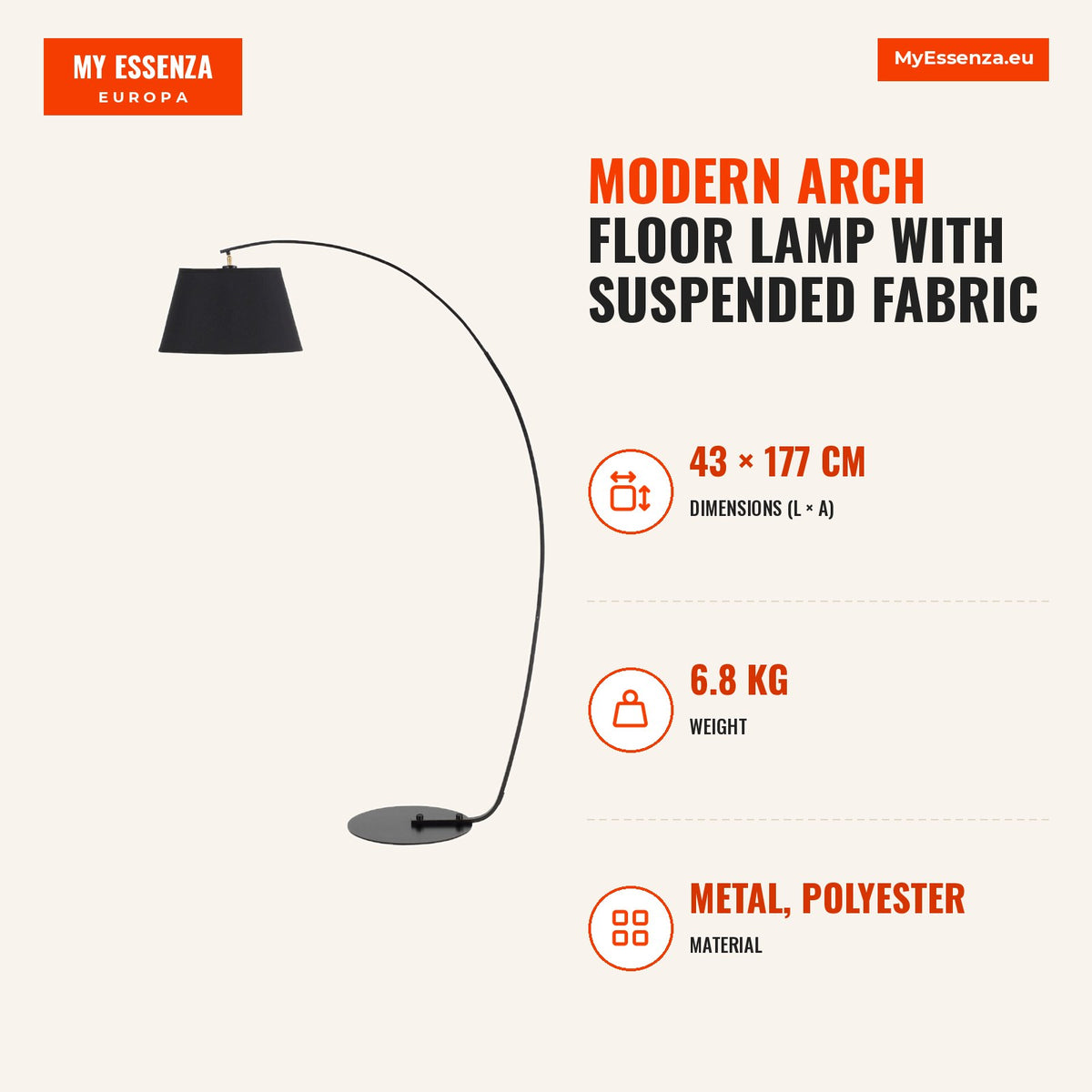 Candeeiro de Pé em Forma de Arco Moderno com Ecrã Suspenso de Tecido Suporte para Lâmpada E27 Máx.40W para Sala de Estar Dormitórios Estúdio 100x43x17 — Infografia | Infographic — dimensions