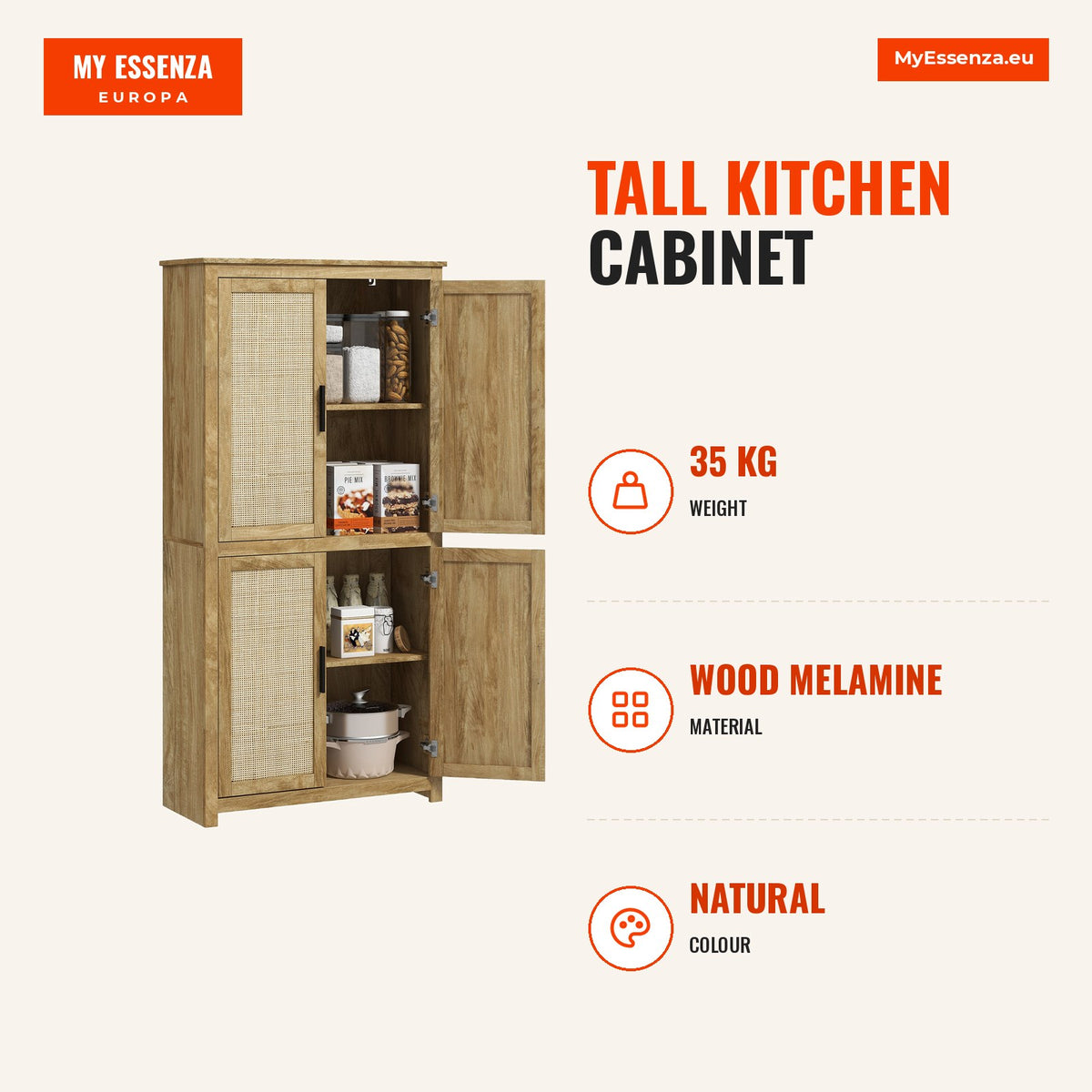 Armário de Cozinha Móvel Auxiliar de Cozinha Alto com 4 Portas em Vime e Prateleiras Ajustávei, Estilo Boémio 80x33x162,6 cm Madeira — Infografia | Infographic — dimensions
