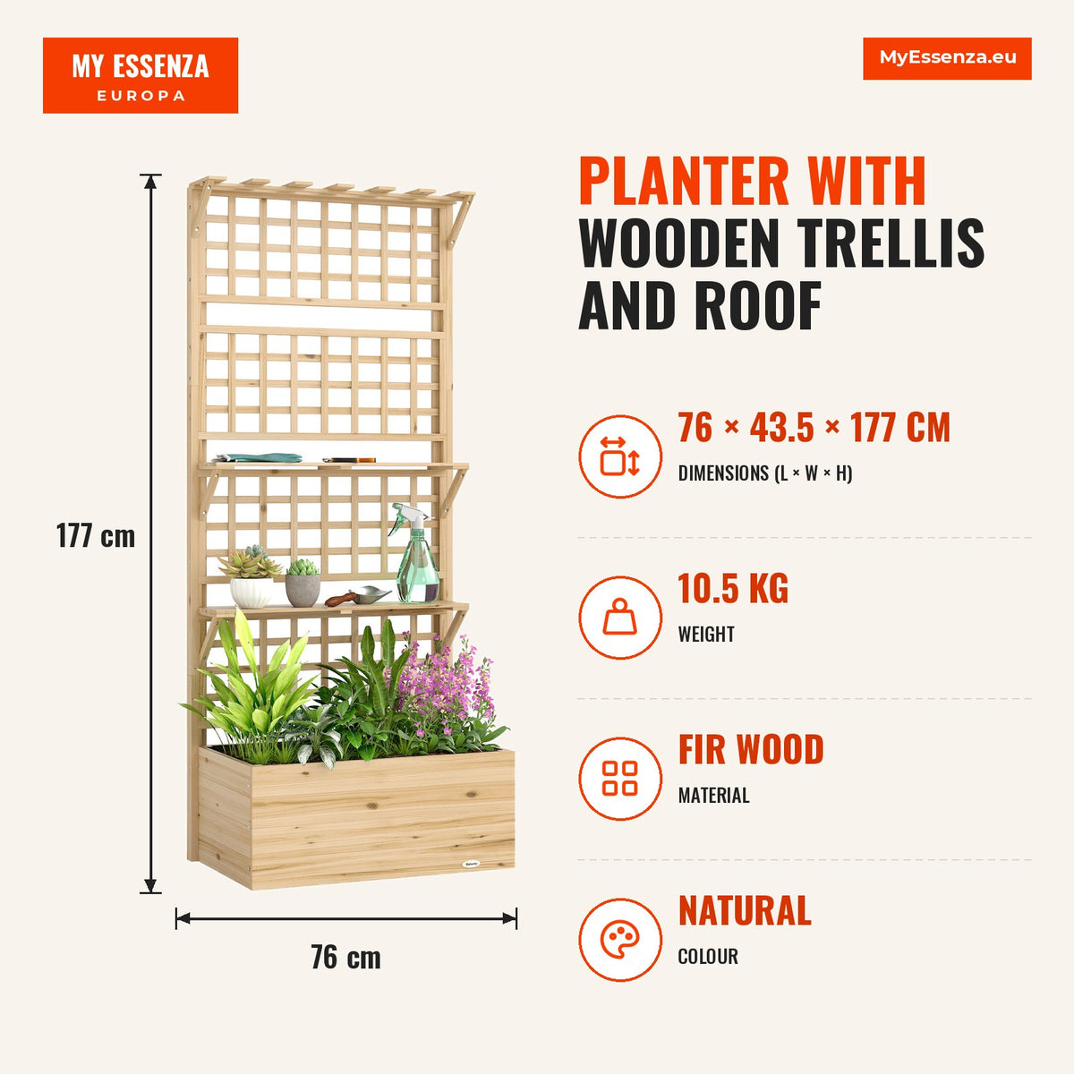 Jardineira com Treliça e Teto em Madeira, Jardineira Exterior Grande para Plantas Trepadeiras, com 2 Prateleiras, Drenagem e Forro, Floreira Elevada p — Infografia | Infographic — dimensions