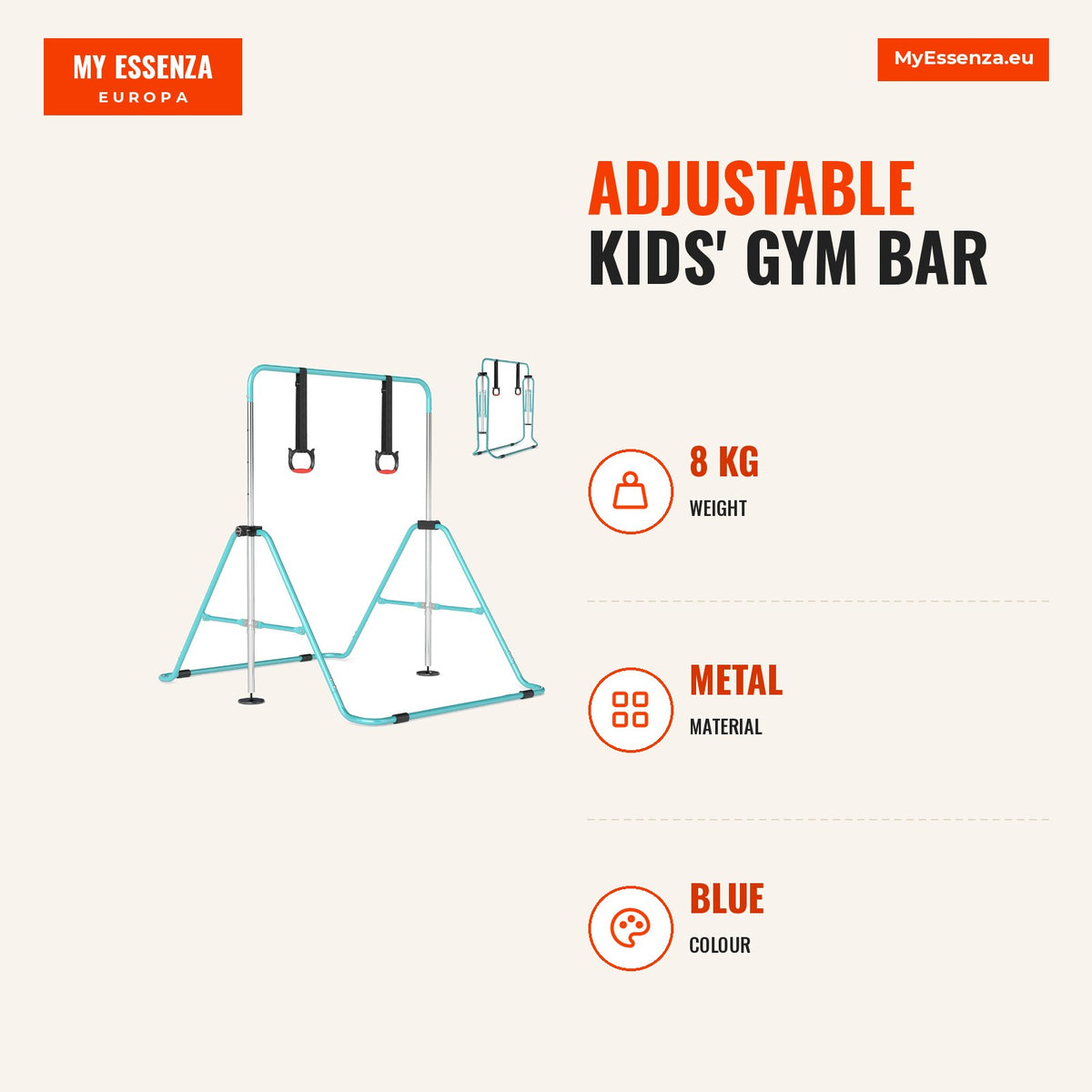 Barra de Ginástica Infantil Ajustável 4 Alturas com Estrutura Metálica Azul — Infografia | Infographic — dimensions