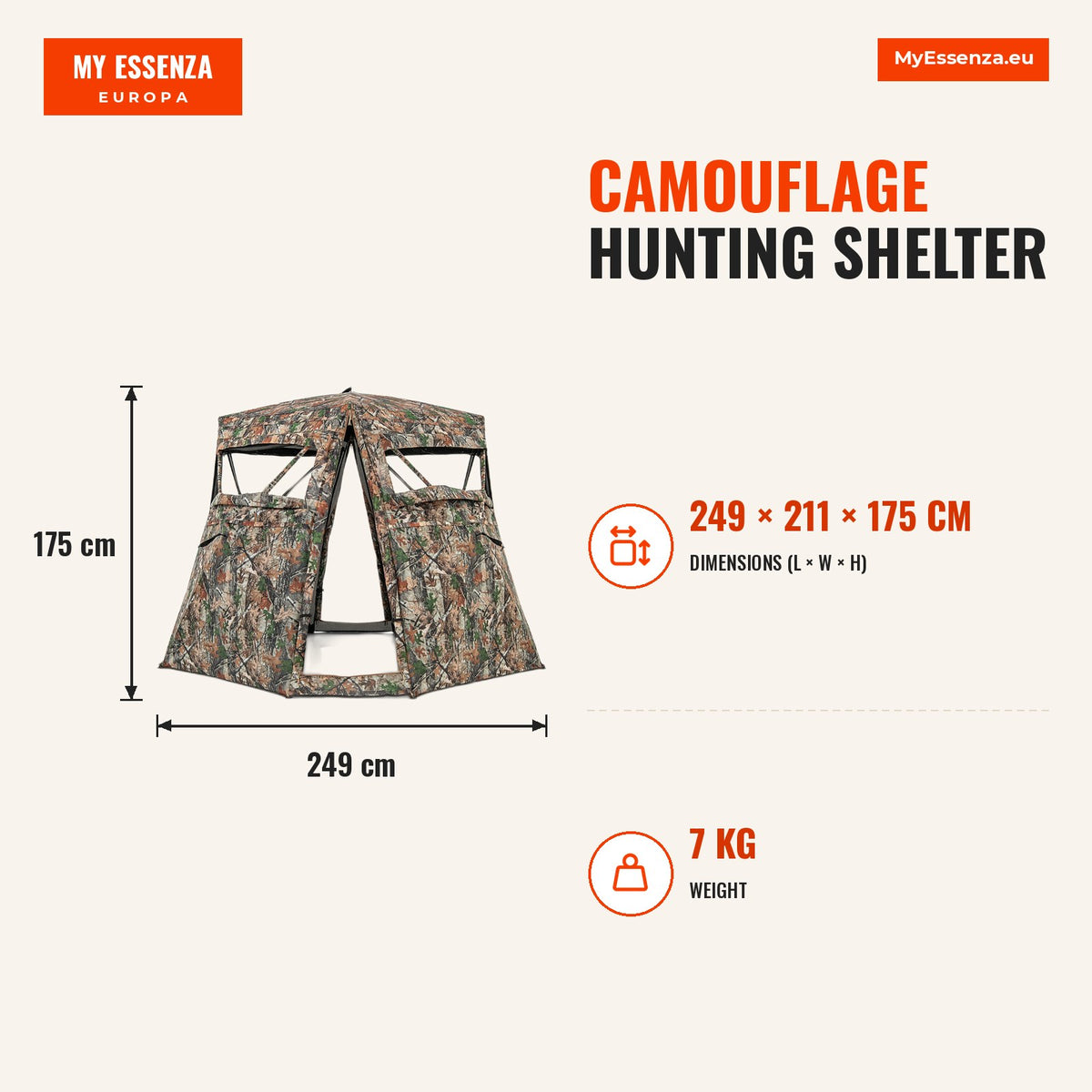 Abrigo de Caça Camuflado com Vista 360° para 2-3 Pessoas com Bolsa de Transporte — Infografia | Infographic — dimensions