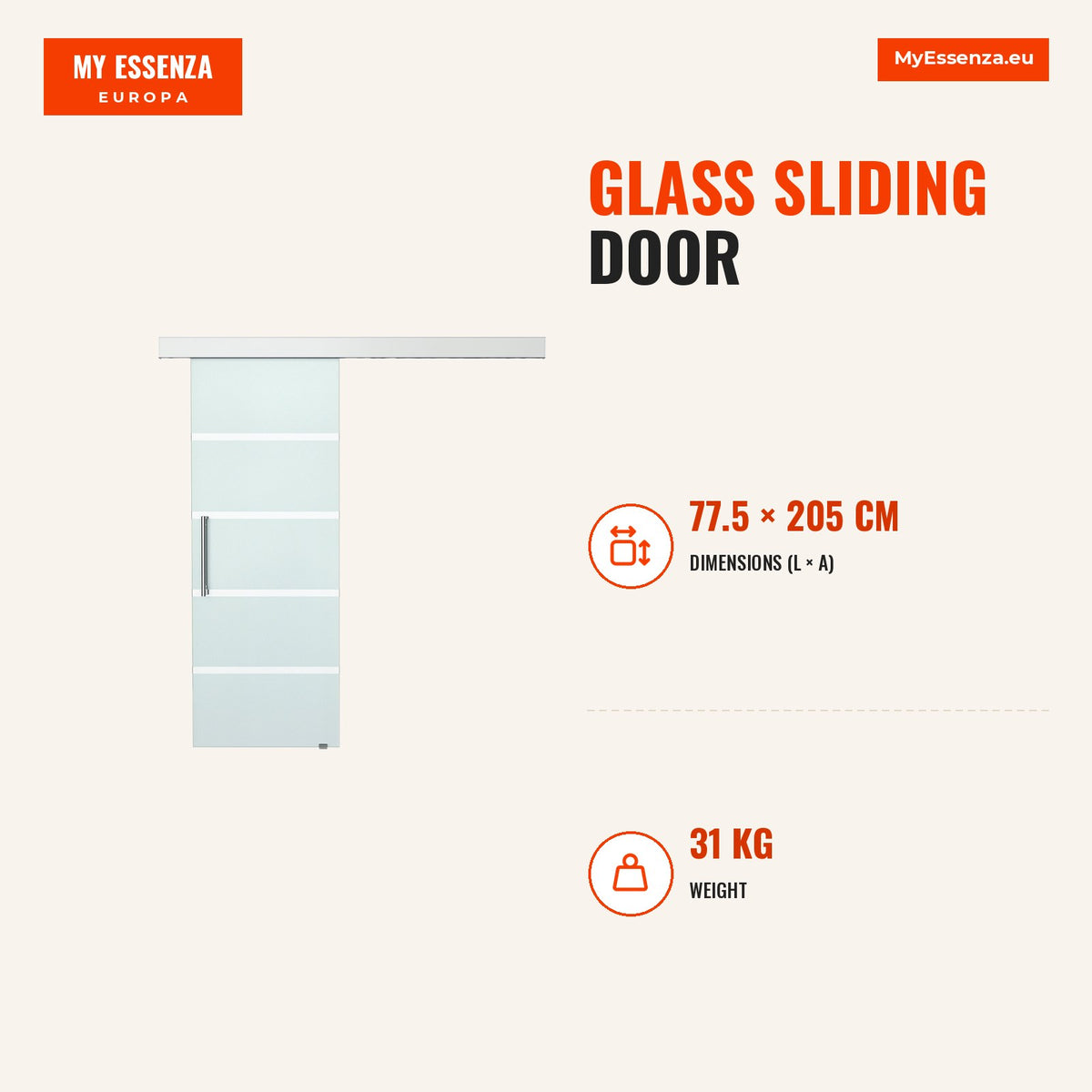 Porta de Correr de Vidro 77,5x205 cm Porta de Correr de Vidro com Trilho Translúcida - Modelo 2 — Infografia | Infographic — dimensions