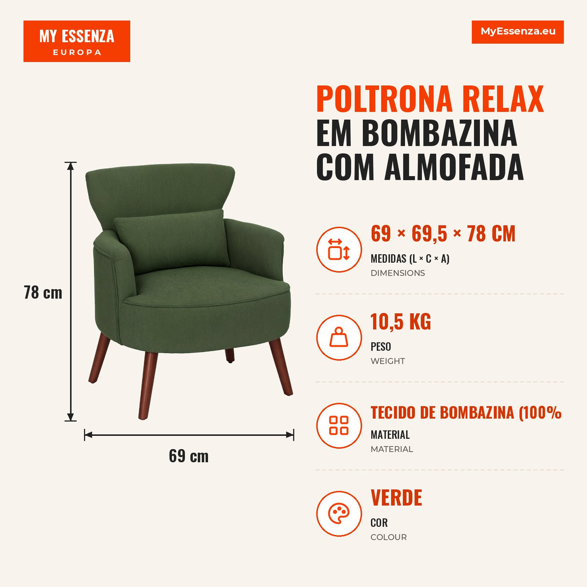 Poltrona Relax em Bombazina com Almofada, Braços e Pés em Madeira para Quarto e Escritório, Verde — infografia 1