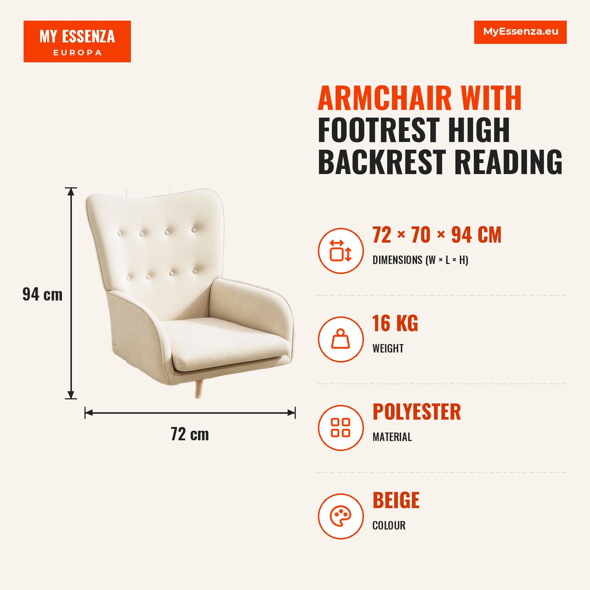 Poltrona com Apoio para Pés Poltrona de Leitura com Encosto Alto Capitonê Pés de Madeira e Revestimento em Linho Cadeira para Sala Quarto Escritório 7 — Infografia | Infographic — dimensions