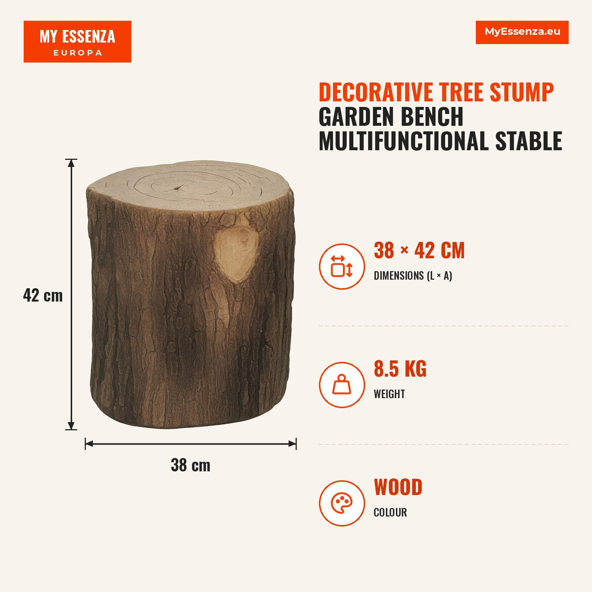 Banco de Jardim Decorativo em Forma de Cepo de Árvore Uso Multifuncional Estável e Resistente Banco para Exterior Pátio Ø38x42 cm Madeira — Infografia | Infographic — dimensions