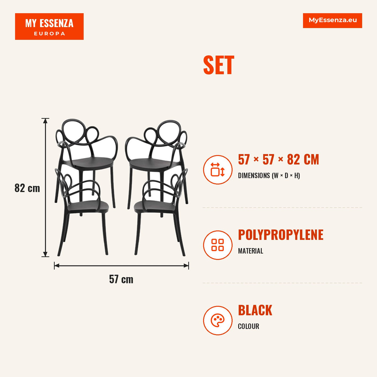 Pack 4 Cadeiras Yska com Braços — Preto — Infografia | Infographic — dimensions