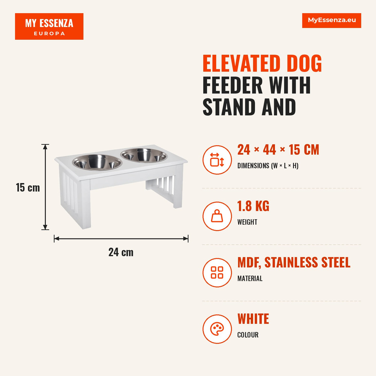 Comedouro Elevado para Cães com Suporte e 2 Tigelas Amovíveis de Aço Inoxidável Alimentador para Animais de Estimação 44x24x15 cm Branco — Infografia | Infographic — dimensions