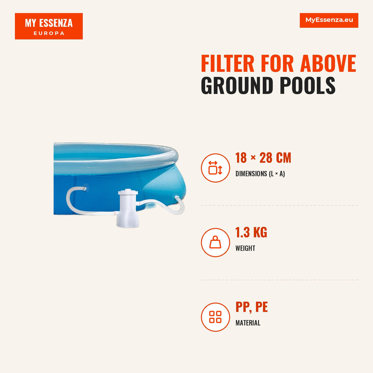 Filtro para Piscinas Desmontáveis 3028L/h até 15.000L Bomba de Filtro com Mangueira de Conexão de 32 mm Ø18x28 cm Branco — Infografia | Infographic — dimensions