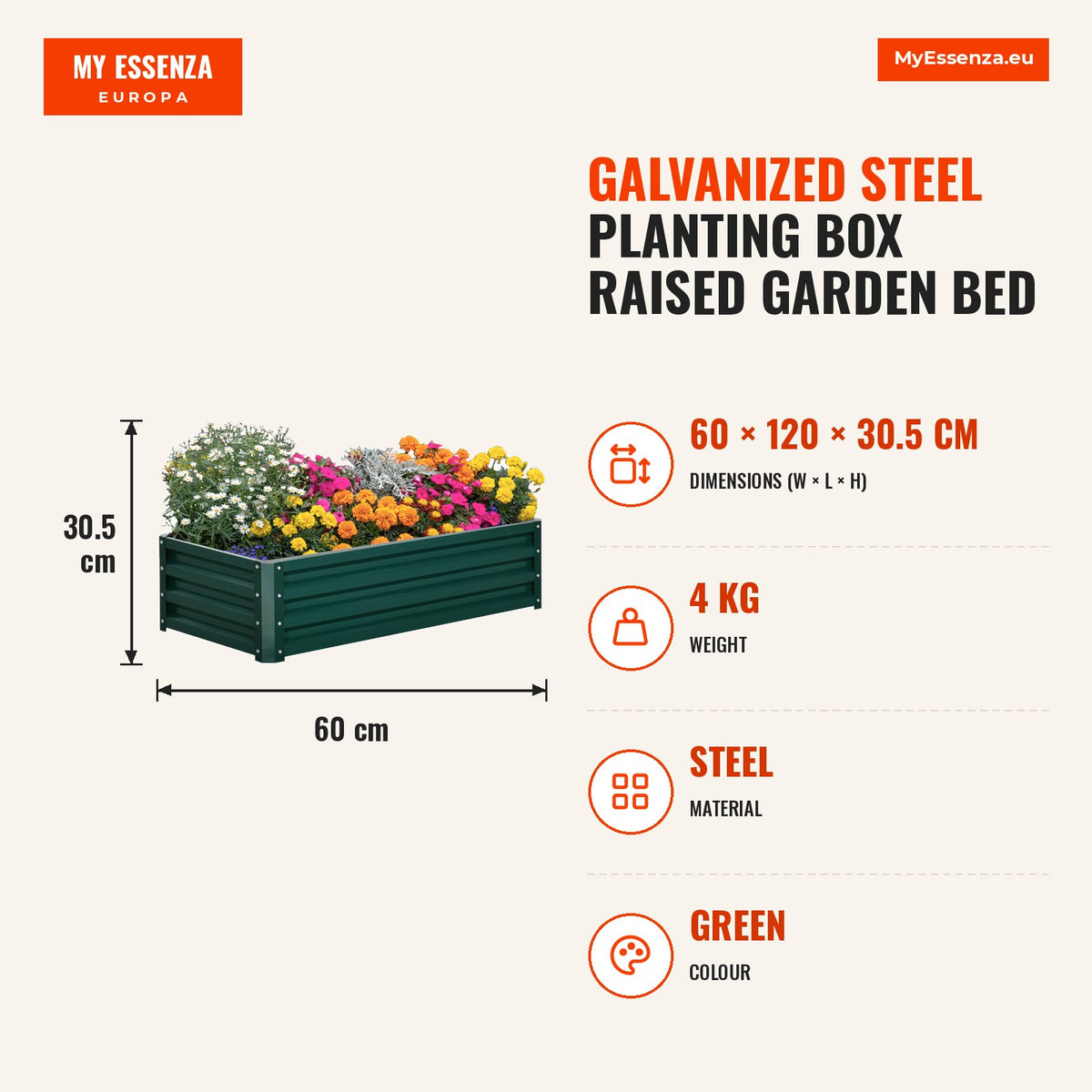 Caixa de Plantio de Aço Galvanizado Horta para Cultivar Plantas Flores Ervas Floreira Exterior Retangular com Fundo Aberto 120x60x30,5 cm Verde — Infografia | Infographic — dimensions