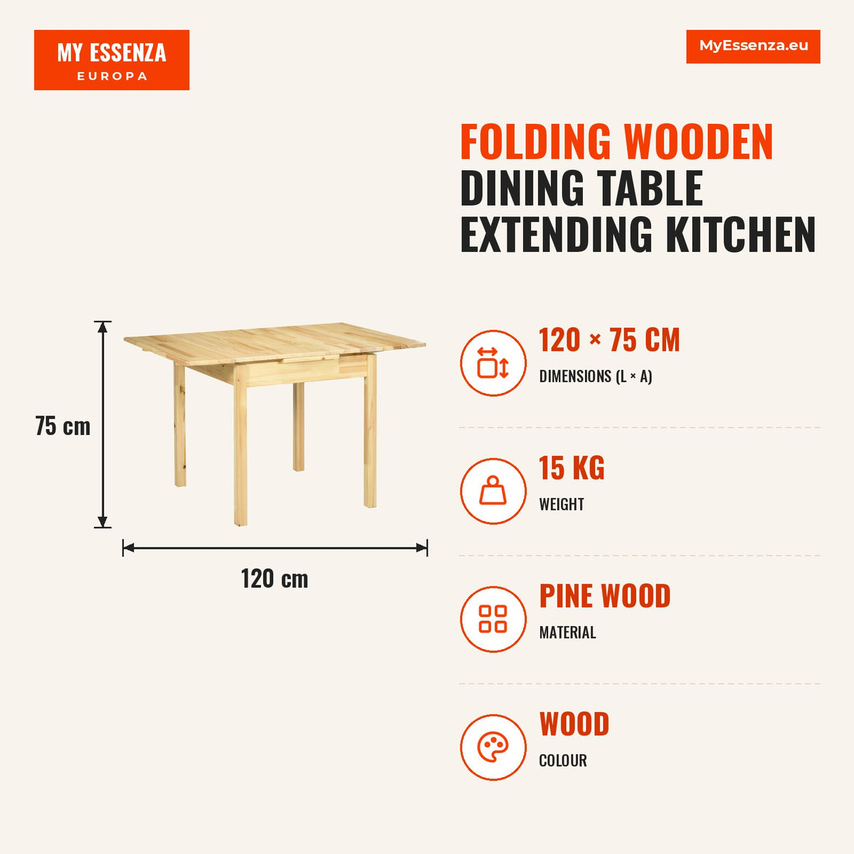 Mesa de Jantar Dobrável Mesa de Madeira Extensível Mesa de Cozinha com Laterais Abatíveis para 2-4 Pessoas Carga Máx. 50 kg 120x80x75 cm Madeira — Infografia | Infographic — dimensions