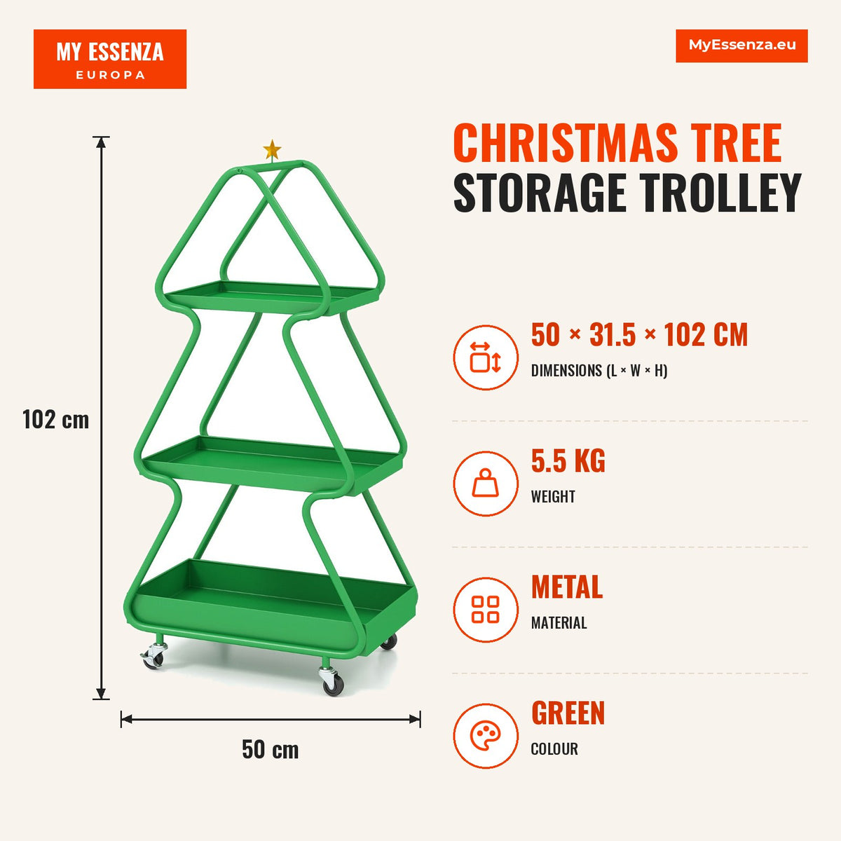 Carrinho de Armazenamento Árvore de Natal 3 Níveis com Estrela e Rodas Verde — Infografia | Infographic — dimensions