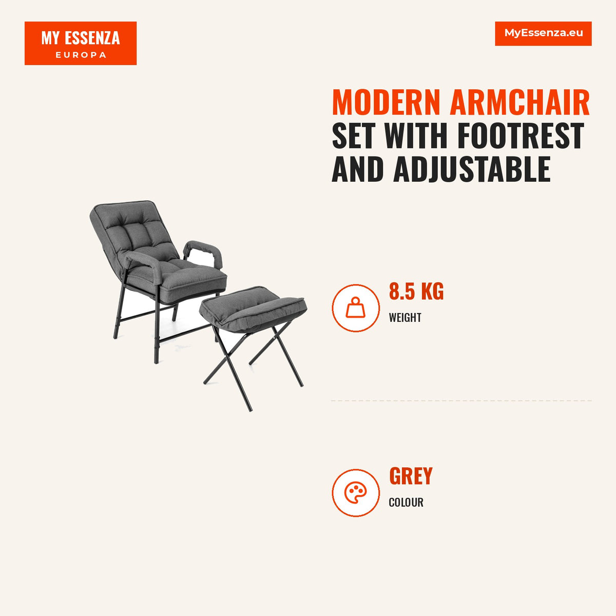 Conjunto de Poltrona Moderna com Reposapiés e Encosto Ajustável em Tecido de Linho – Cinzento — Infografia | Infographic — dimensions