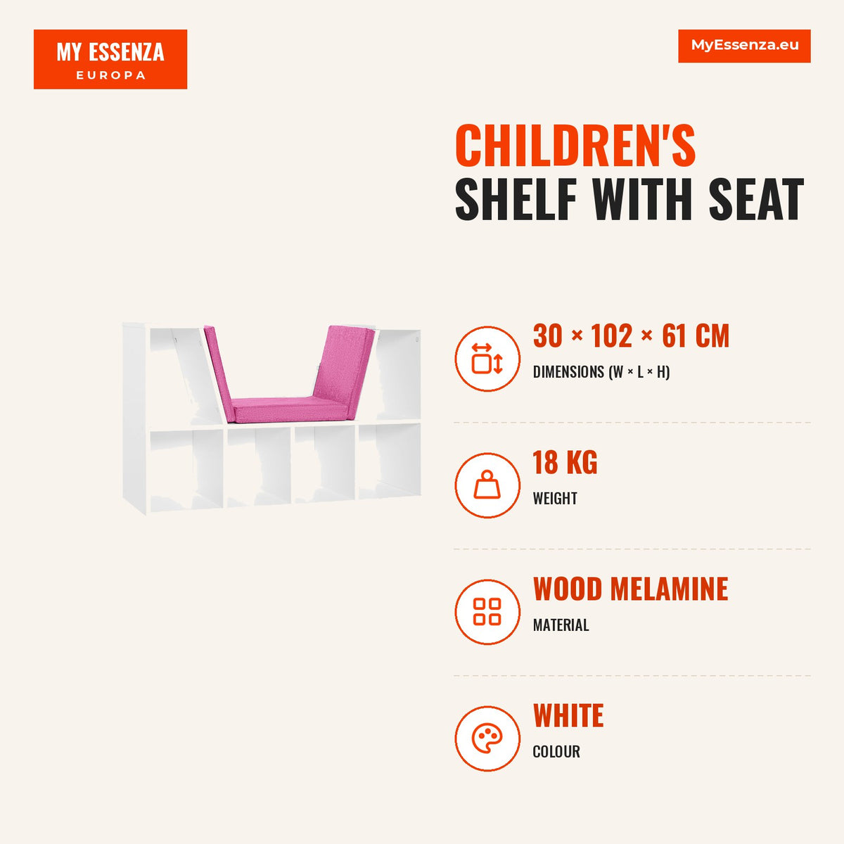 Estante Infantil com Assento Estante com 6 Cubos e Banco com Almofada 102x30x61cm Branco e Rosa — Infografia | Infographic — dimensions