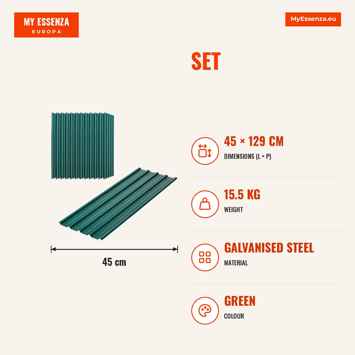 Conjunto de 12 Painéis para Teto de Aço Galvanizado Chapas Perfiladas de Teto 7m² para Abrigo de Ferramentas Abrigo Exterior 129x45cm Verde — Infografia | Infographic — dimensions