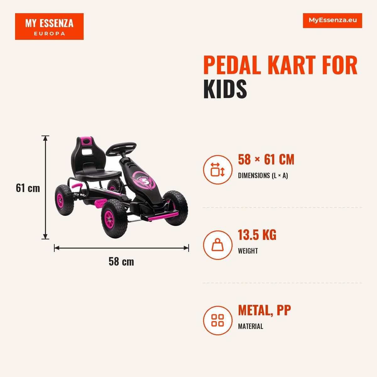 Kart a Pedais para Crianças 5-12 Anos Kart a Pedais Infantil com Assento Ajustável Pneus Insufláveis Amortecimento e Travão de Mão Carga Máx. 50kg 121 — Infografia | Infographic — dimensions