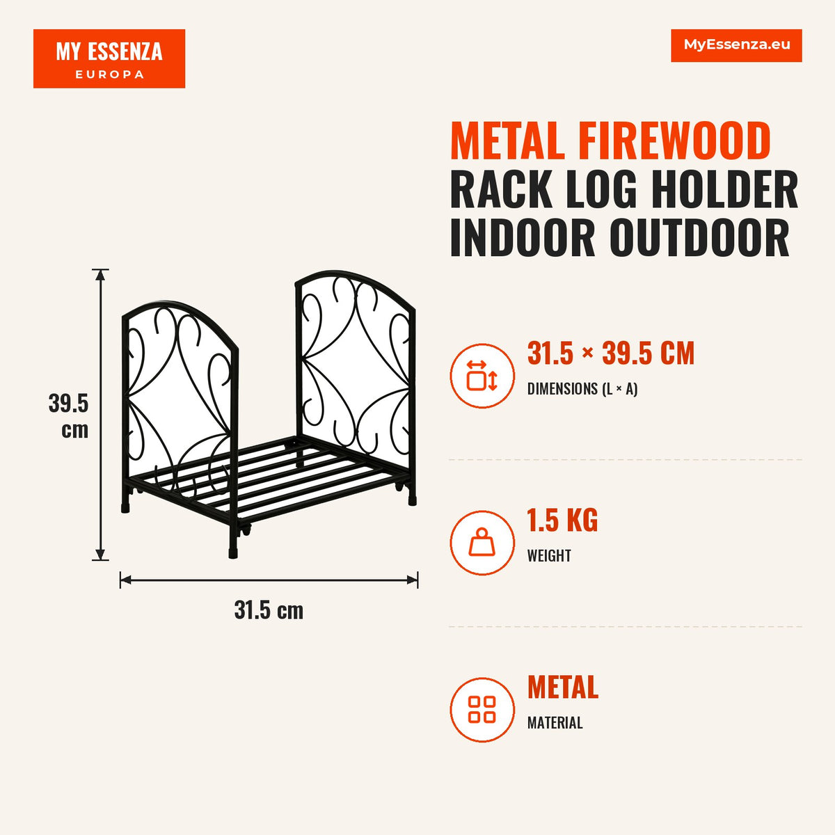 Suporte para Lenha Metálico Porta Lenha Exterior e Interior com Grade e Base Elevada Carga Máxima 50kg 39,5x31,5x39,5cm Preto — Infografia | Infographic — dimensions