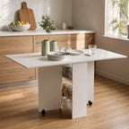 Mesa de Sala de Jantar Dobrável Mesa de Madeira com 2 Prateleiras de Armazenamento e Rodas para Cozinha 75x140x74 cm Branco — Ambiente | Lifestyle