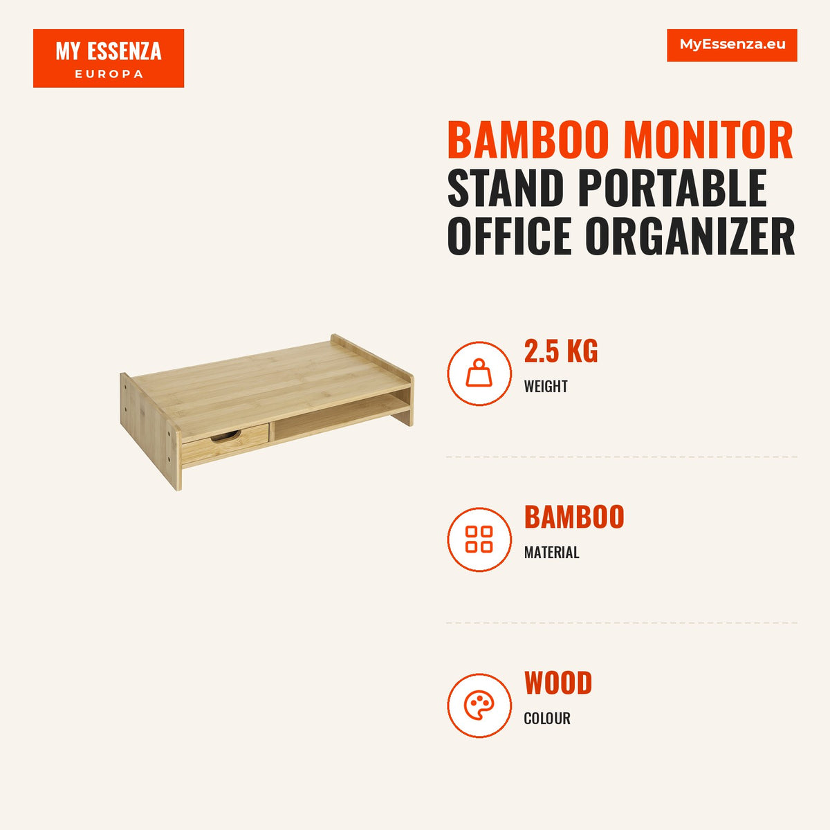 Suporte para Monitor de Bambu Organizador de Escritório para Monitor Portátil 48x25,5x11,5 cm Madeira — Infografia | Infographic — dimensions