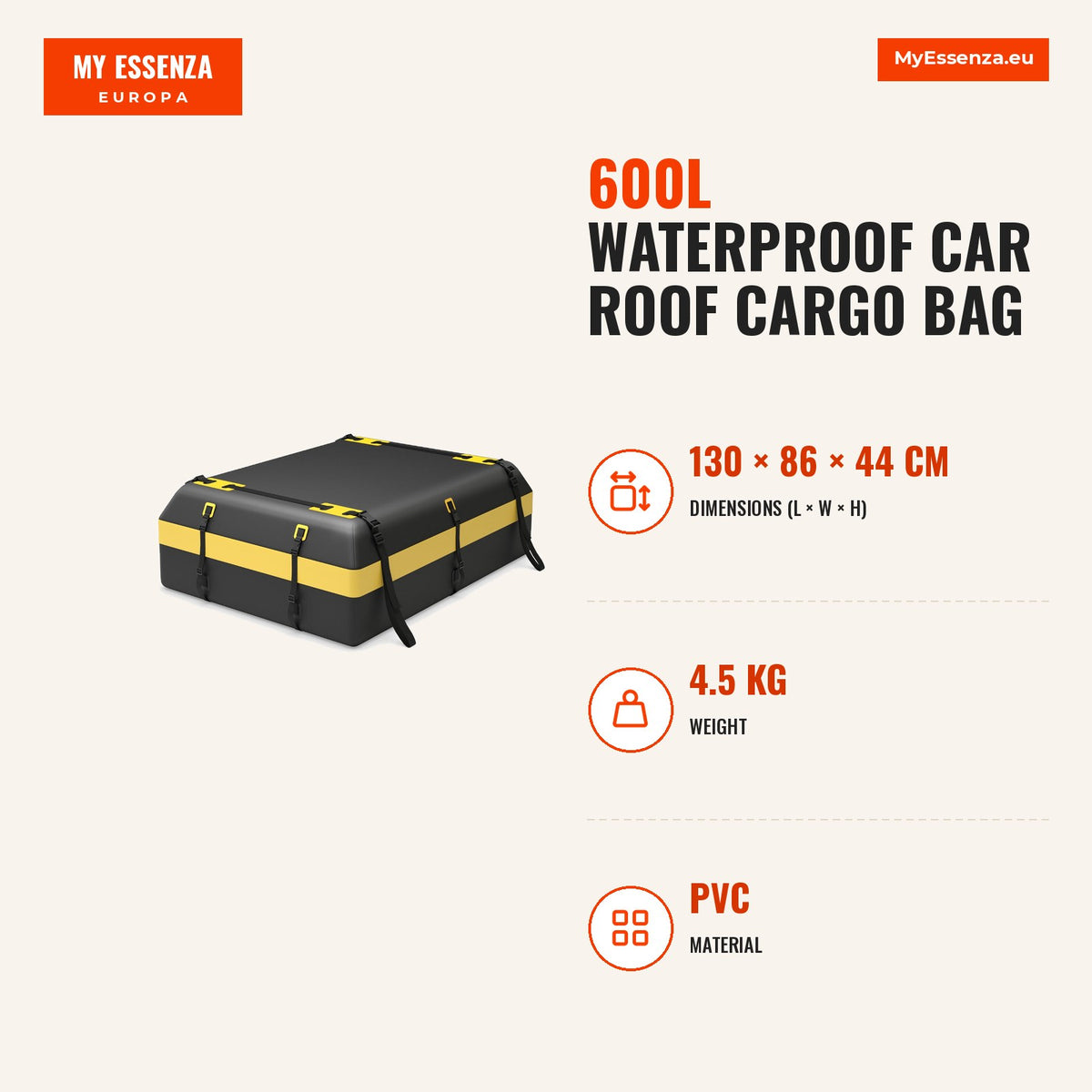 Cofre de Teto 600L Impermeável para Carro com 10 Correias - Amarelo e Preto — Infografia | Infographic — dimensions