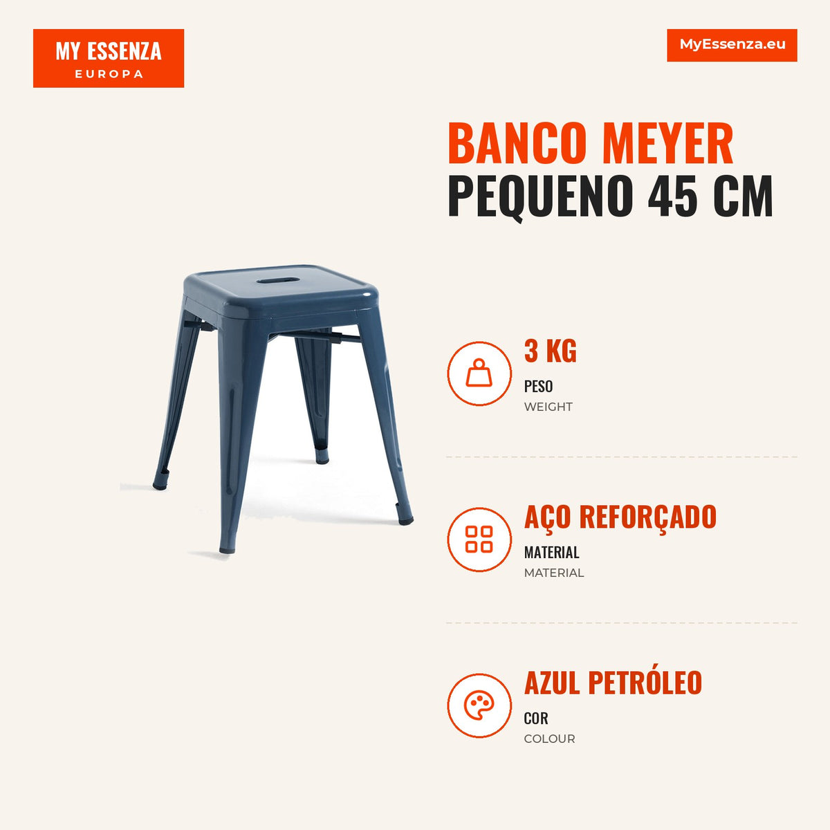 Banco Meyer Pequeno 45 cm — Azul Petróleo — Infografia — medidas