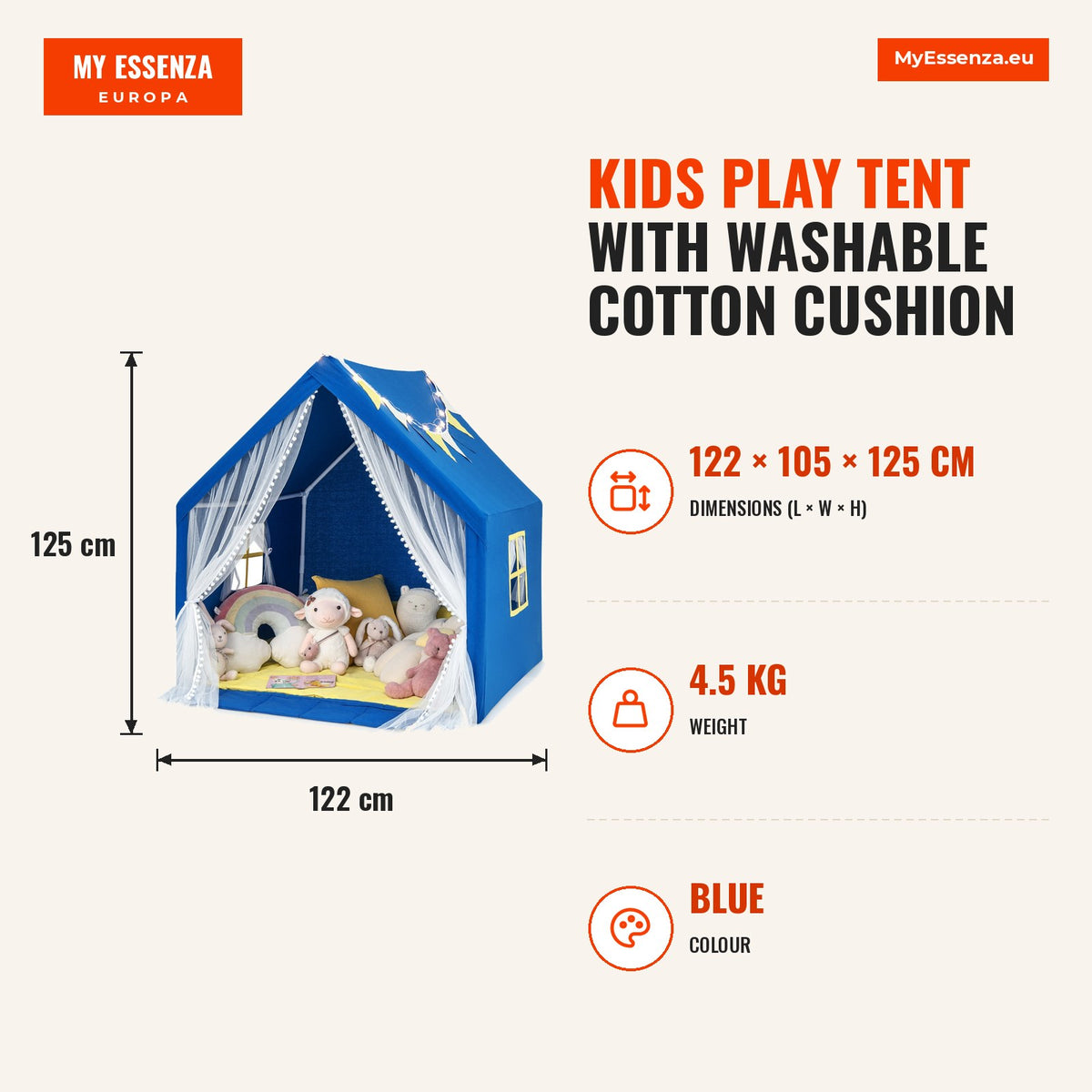 Tenda de Brincadeira Infantil com Almofada de Algodão Lavável e Luzes de Estrelas 122x105x125cm — Infografia | Infographic — dimensions
