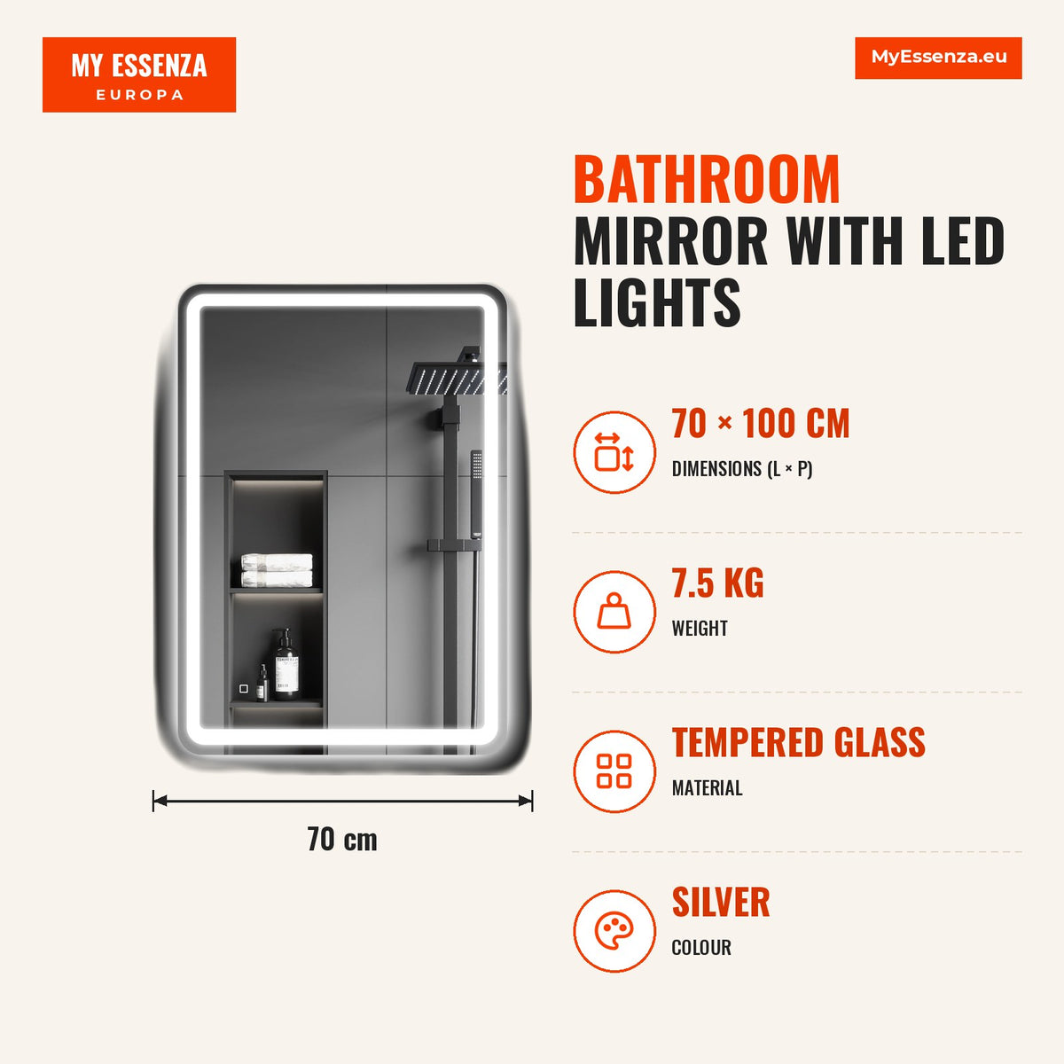 Espelho Casa de banho com Luzes LED 70x100 cm Espelho de Parede Antiembaciamento com 3 Temperaturas de Cor Ajustável e Função de Memória Horizontal e  — Infografia | Infographic — dimensions