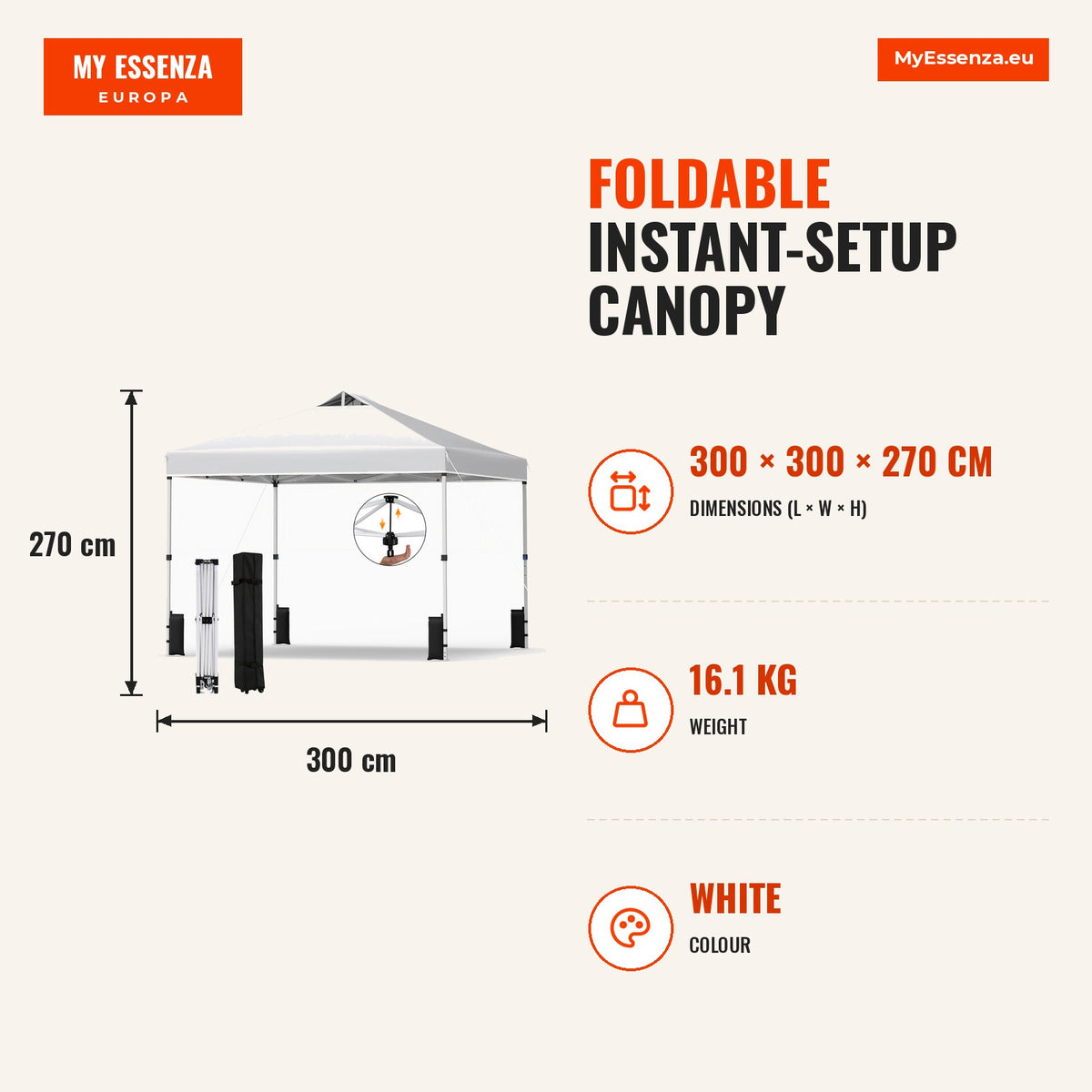 Toldilho Dobrável Montagem Instantânea 1 Botão 300x300cm Prateado com Rodas — Infografia | Infographic — dimensions
