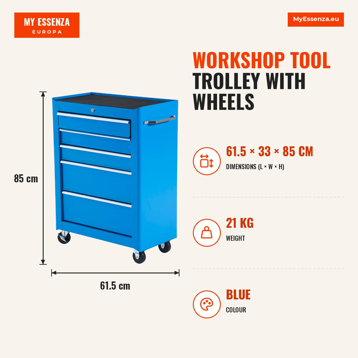 Carrinho de Ferramentas para Oficina com Rodas e 5 Gavetas Carrinho de Ferramentas com Fechadura e Alça Lateral 61,5x33x85 cm Azul — Infografia | Infographic — dimensions