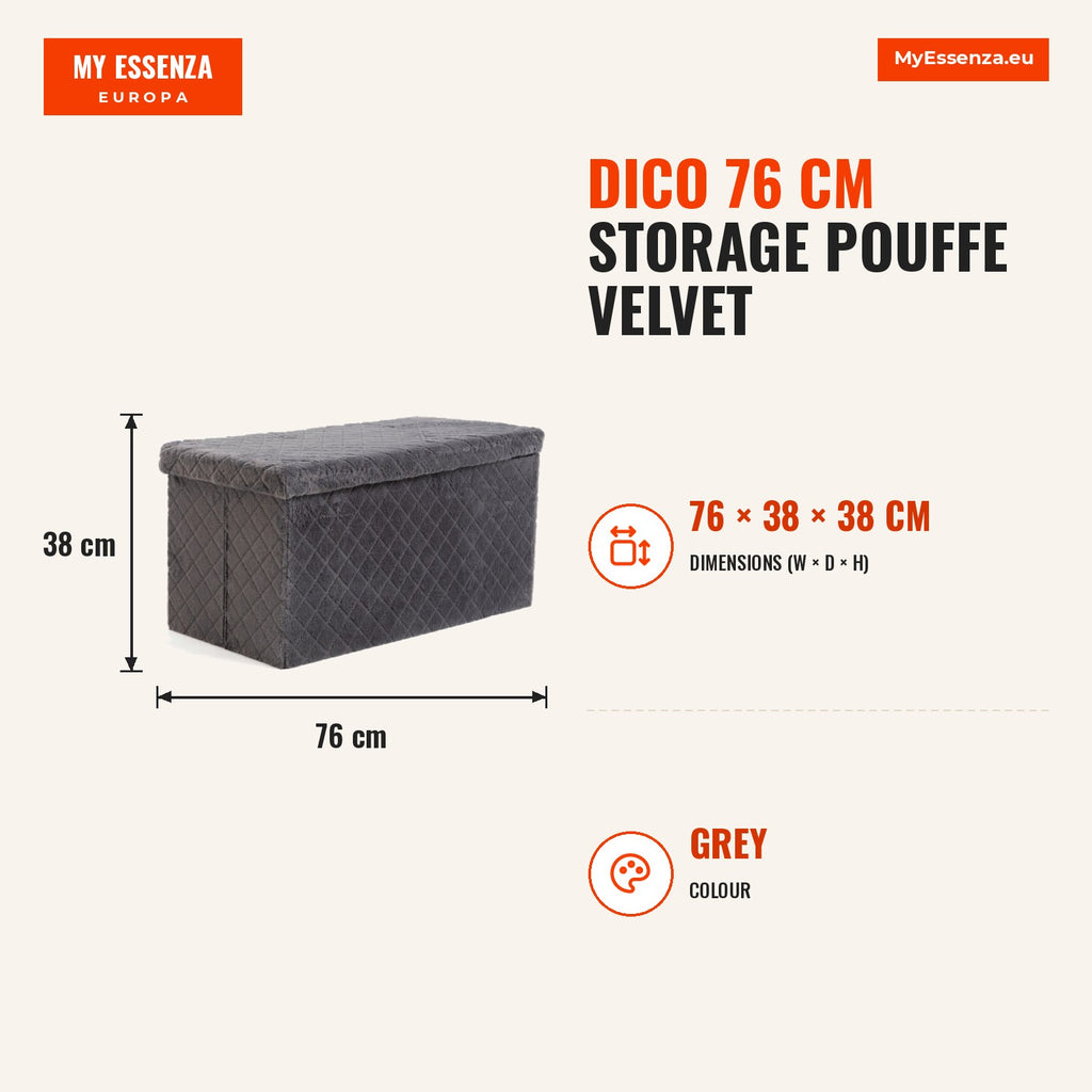 Pufe de armazenamento Dico 76 cm Veludo — Cinza — Infografia | Infographic — dimensions