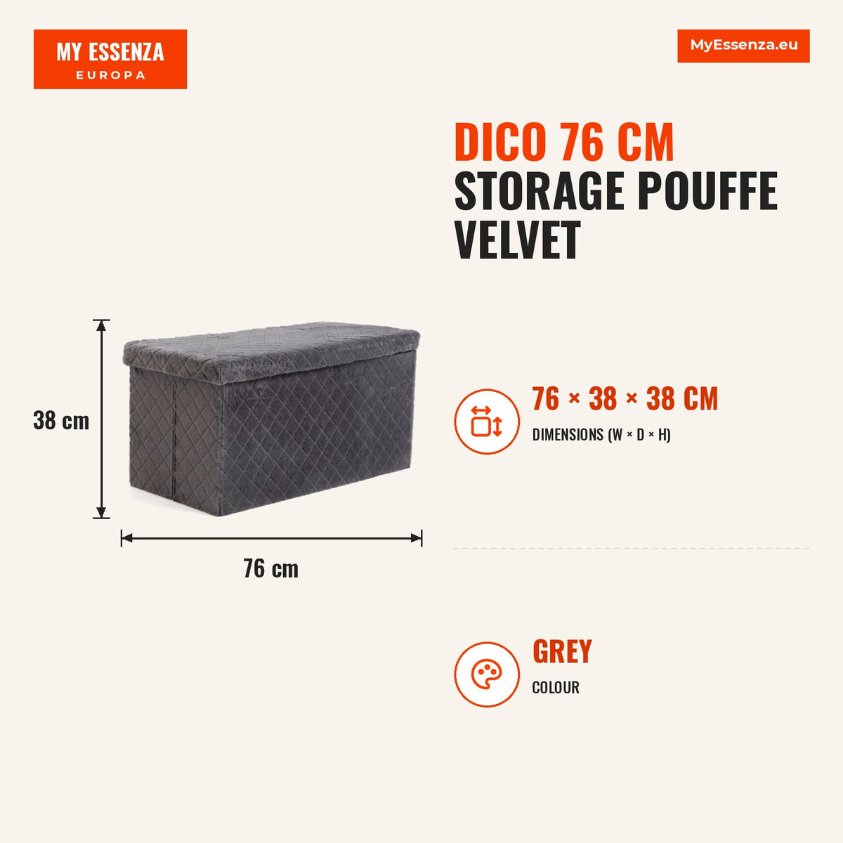 Pufe de armazenamento Dico 76 cm Veludo — Cinza — Infografia | Infographic — dimensions
