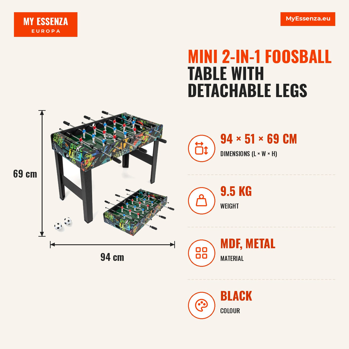 Mini Mesa de Futbolín 2 em 1 com Pernas Desmontáveis 2 Bolas e Marcadores — Infografia | Infographic — dimensions