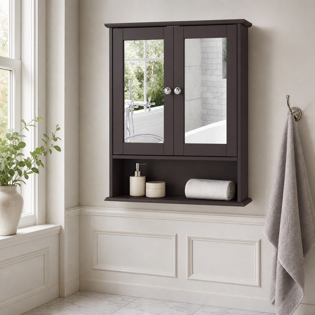 Armário de Casa de Banho com Espelho, Armário de Parede com 2 Portas, Prateleira Aberta e Ajustável, Móvel de Banho Suspenso para Cozinha e Sala, 56x13x58 cm, Castanho Escuro — Ambiente | Lifestyle