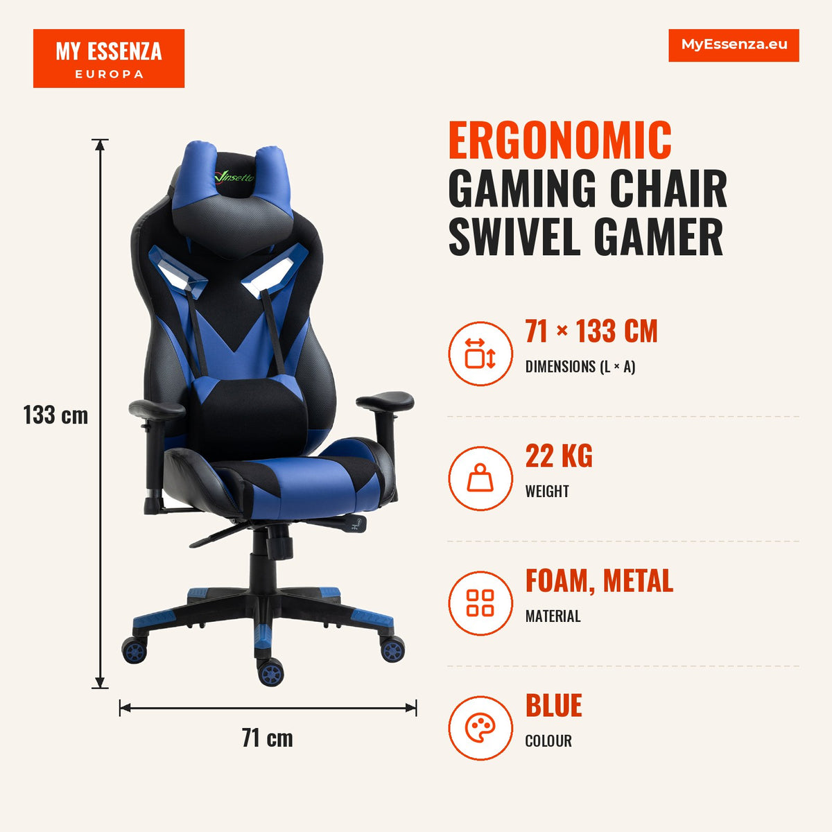 Cadeira de Gaming Ergonômica Cadeira Gamer Giratória com Altura Ajustável Apoio para o Braço Apoio para a Cabeça e Almofada Lombar Removíveis 72x77x12 — Infografia | Infographic — dimensions