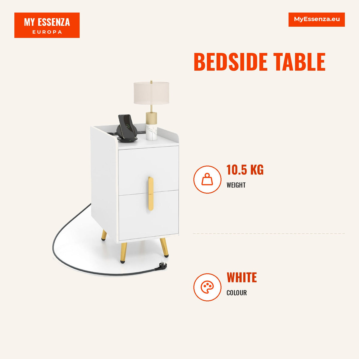 Mesita de Cabeceira com 2 Gavetas e Estação de Carga USB 3 Tomadas Branca — Infografia | Infographic — dimensions