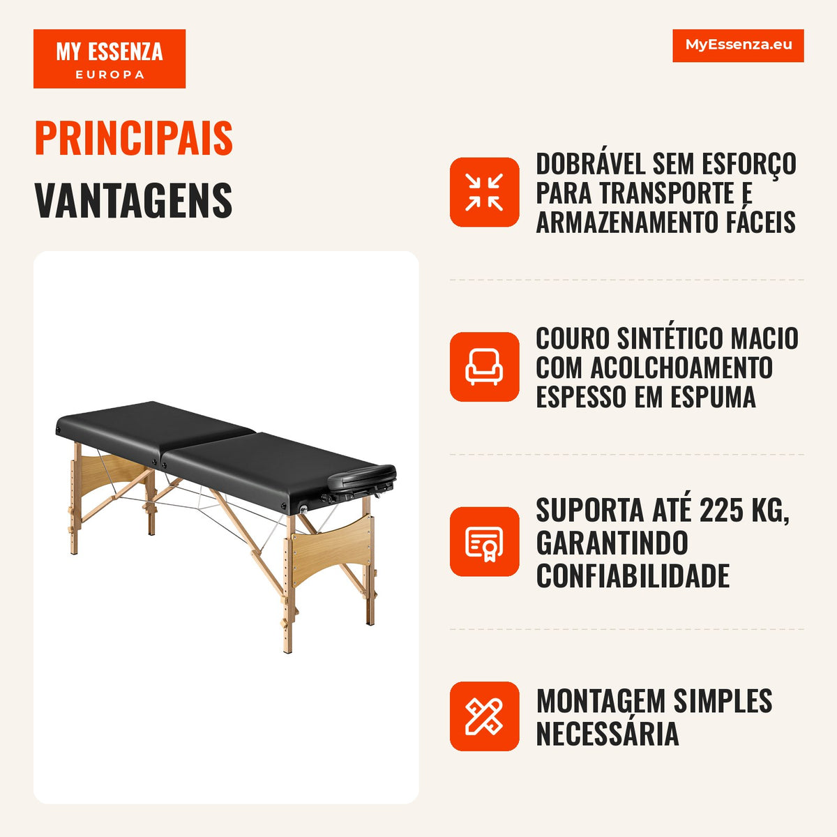 Mesa de massagem com altura ajustável, estrutura em madeira, cama de massagem dobrável, acolchoamento em espuma, preto — infografia 1