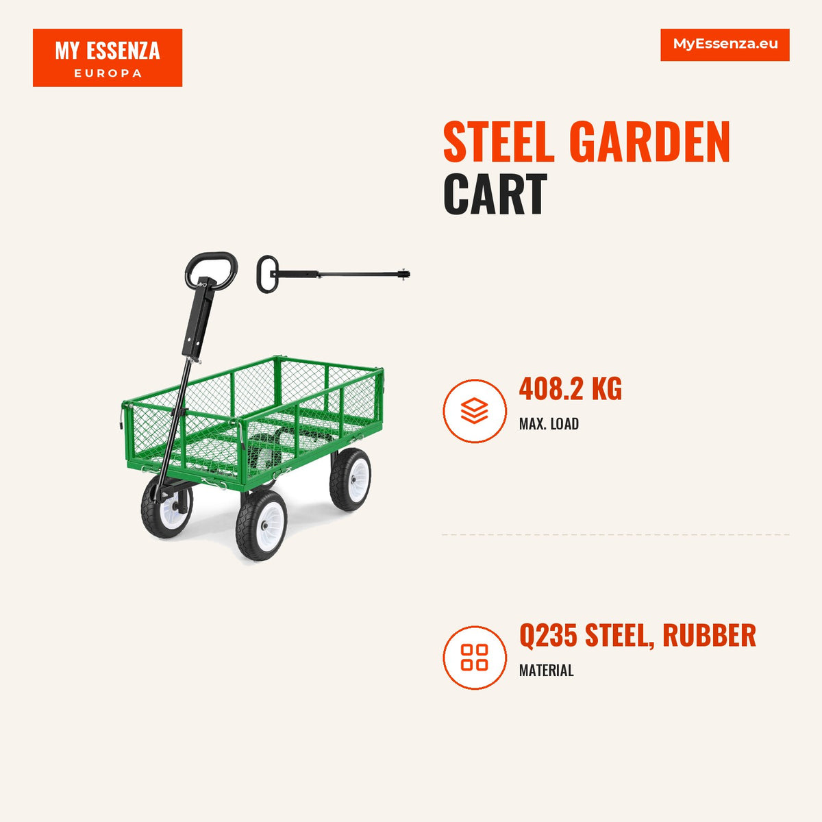 Carro de jardim em aço, capacidade 408 kg, pneus 25 cm, painéis removíveis — Infografia | Infographic — dimensions