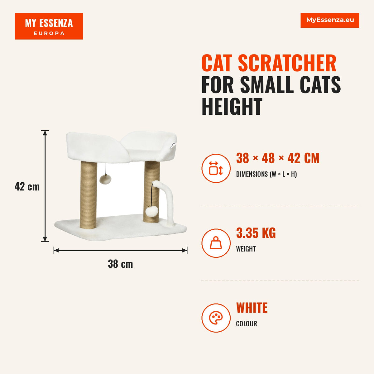 Arranhador para Gatos Pequenos Altura 42 cm Arranhador para Gatos com Cama Bolas Supensas e Postes de Juta 48x38x42 cm Branco — Infografia | Infographic — dimensions