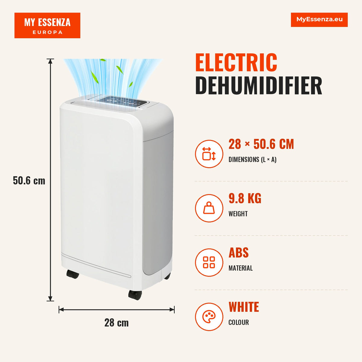 Desumidificador Elétrico 12L/dia Silencioso até 13-18m² com Rodas Temporizador de 24 Horas Ecrã Digital de Humidade e Pega para Quarto Branco — Infografia | Infographic — dimensions