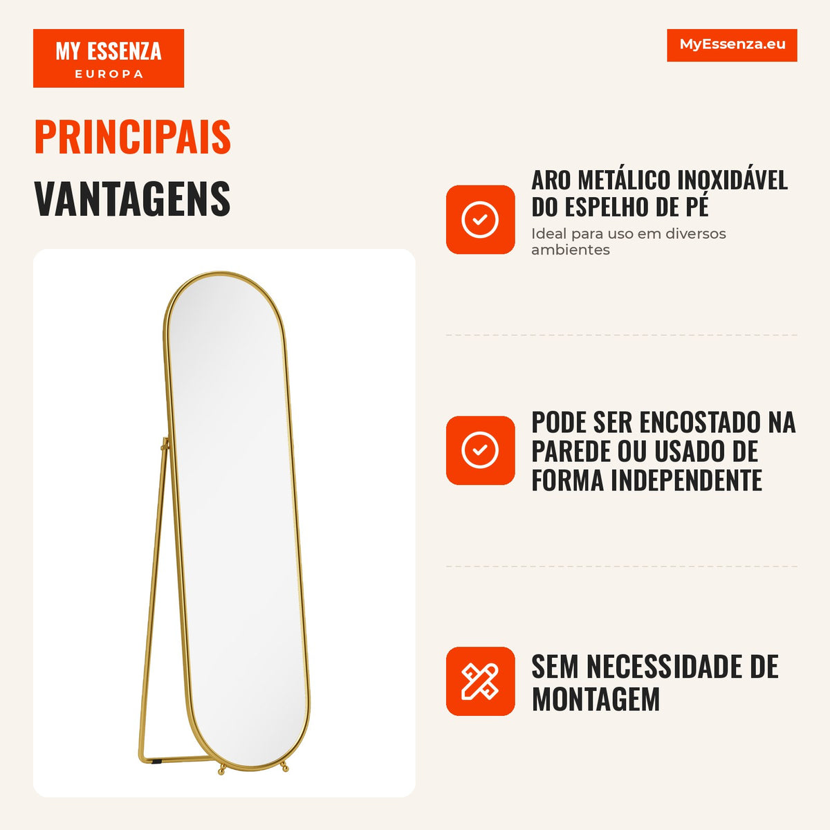 Espelho de Corpo Inteiro Formato Oval Autoportante Armação Metálica 50x180 cm Dourado — infografia 1
