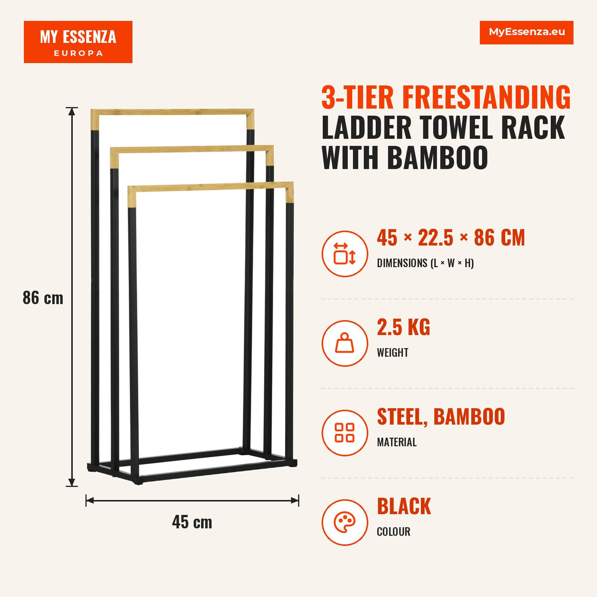 Toalheiro de Pé de 3 Níveis Toalheiro em Forma de Escada com 3 Barras de Bambu e Estrutura de Aço para Casa de Banho 45x22,5x86 cm Preto e Natural — Infografia | Infographic — dimensions