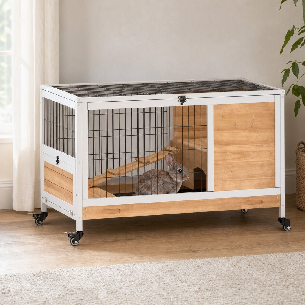 Coelheira de Madeira Gaiola de para Pequenos Animais Portátil com Teto Abatível Rampa Bandeja Removível para Coelhos da Índia 90x53x59 cm Madeira — Ambiente | Lifestyle