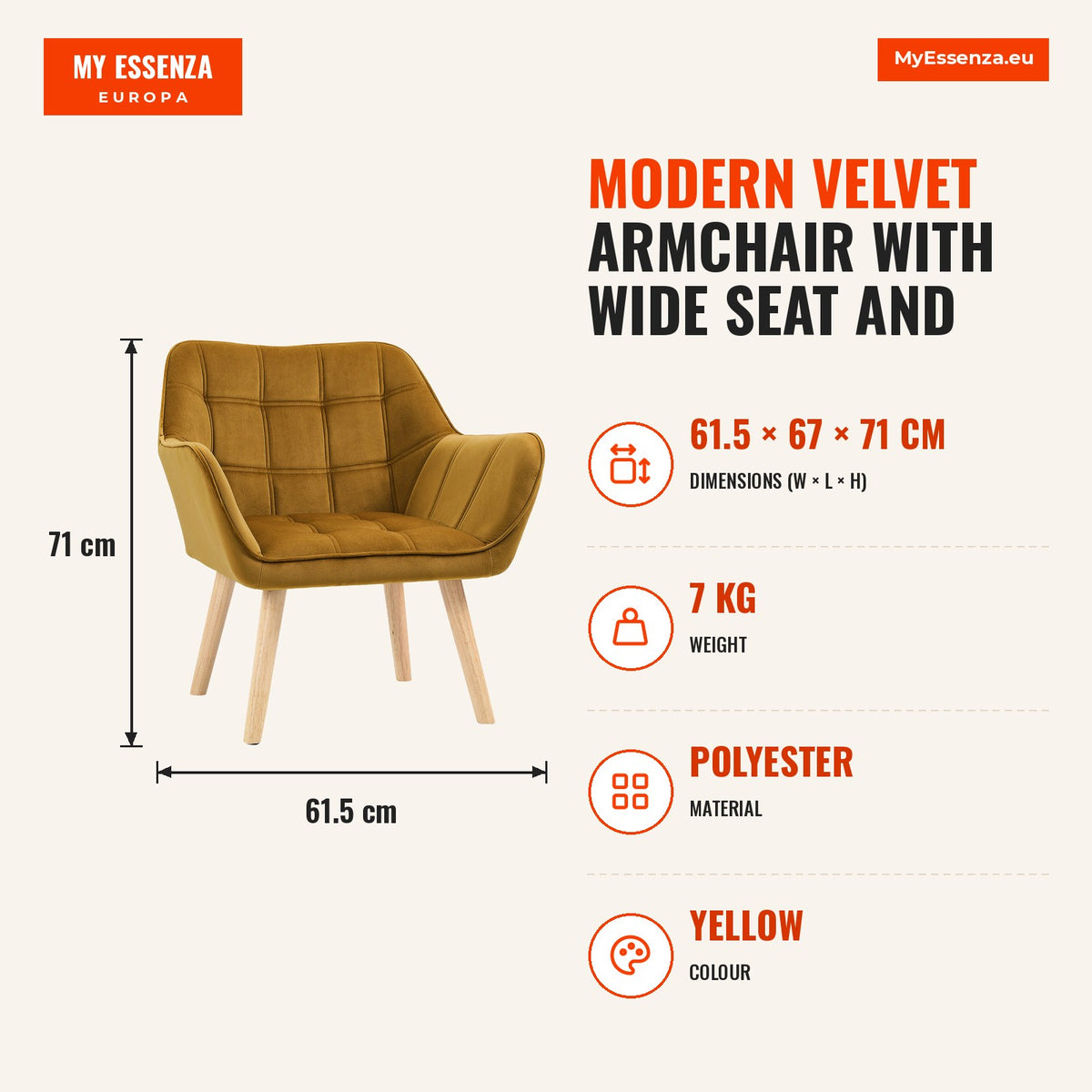 Poltrona Moderna de Sala, Cadeira de Leitura Estofada em Veludo com Pés de Madeira, Fácil de Montar, Poltrona Relax para Sala de Estar, Quarto e Varan — Infografia | Infographic — dimensions