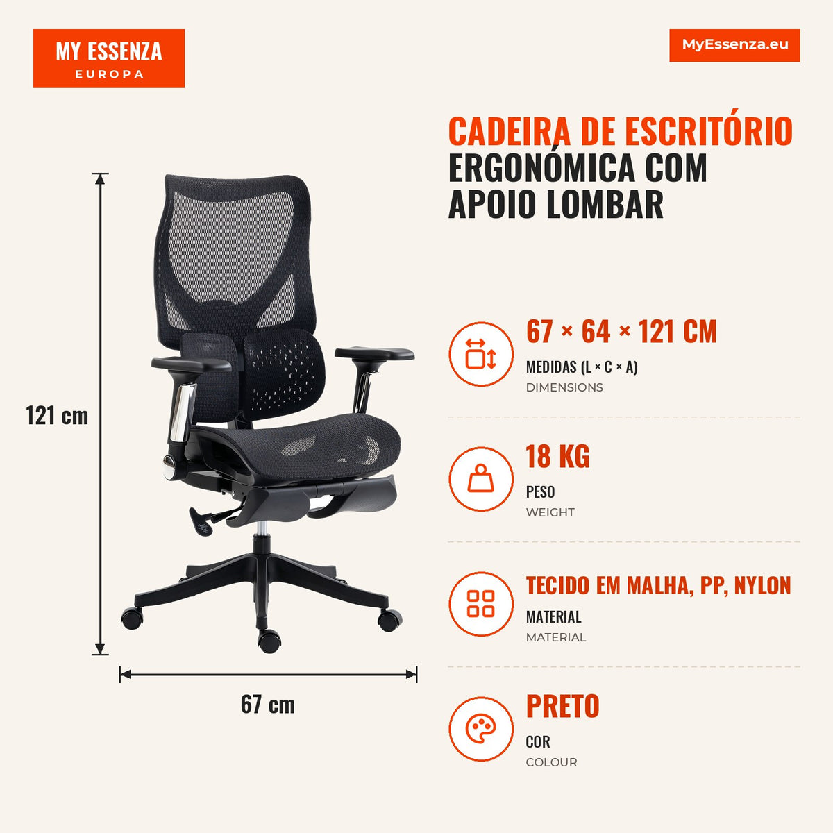 Cadeira de Escritório Ergonómica com Apoio Lombar, Encosto Alto Reclinável em Malha, Apoio para os Pés e Altura Ajustável Preta — infografia 1