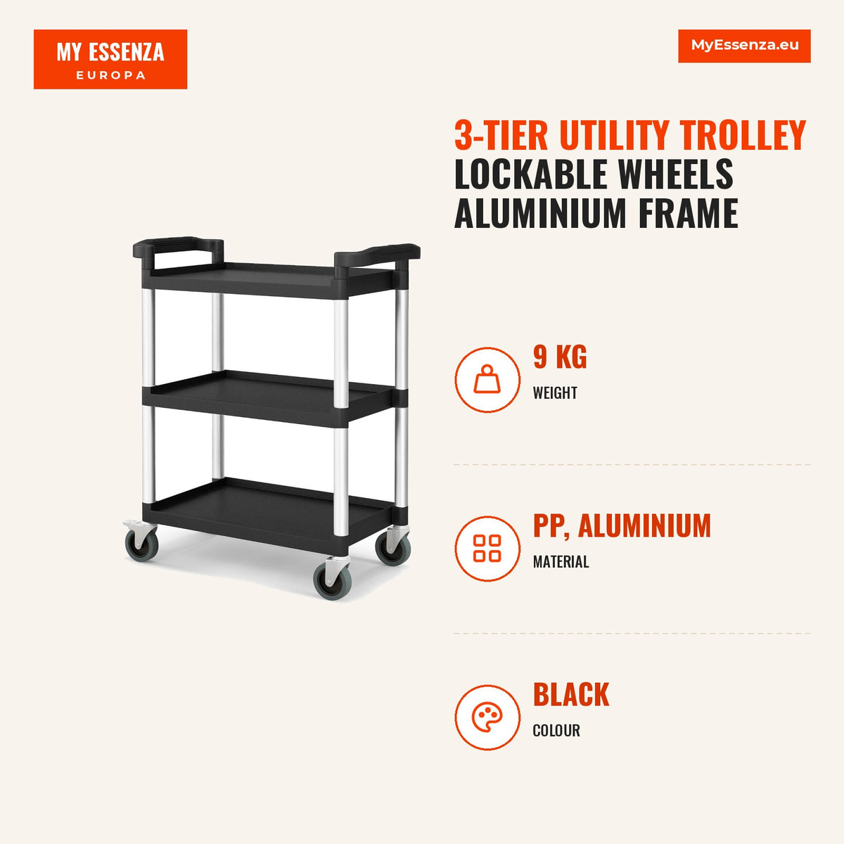 Carrinho Utilitário 3 Níveis Rodas Bloqueáveis Estrutura Alumínio Cozinha Garagem 80x41x97cm Preto — Infografia | Infographic — dimensions