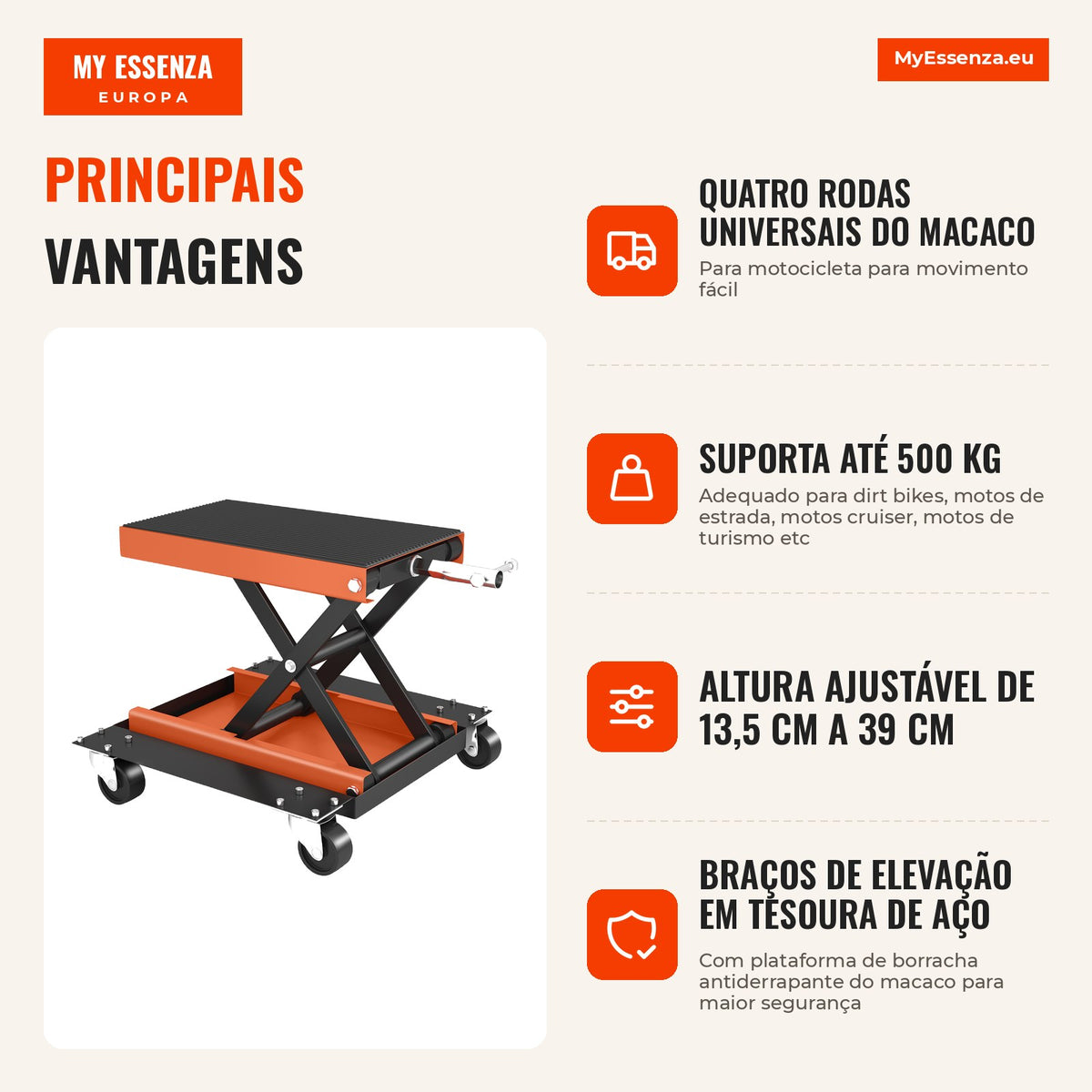 Elevador para motocicleta 500 kg Capacidade Plataforma elevadora 13,5-39 cm Altura ajustável Aço Laranja — infografia 1