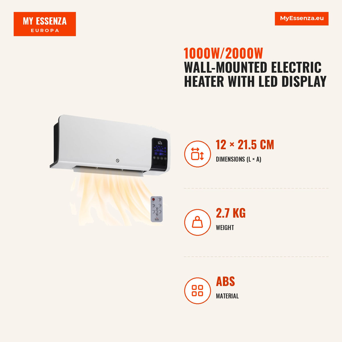 Aquecedor Elétrico de Parede 1000W/2000W Aquecedor com Ecrã LED Controlo Remoto Termostato Temporizador para Áreas de 15-20 m² 54,5x12x21,5 cm Branco — Infografia | Infographic — dimensions