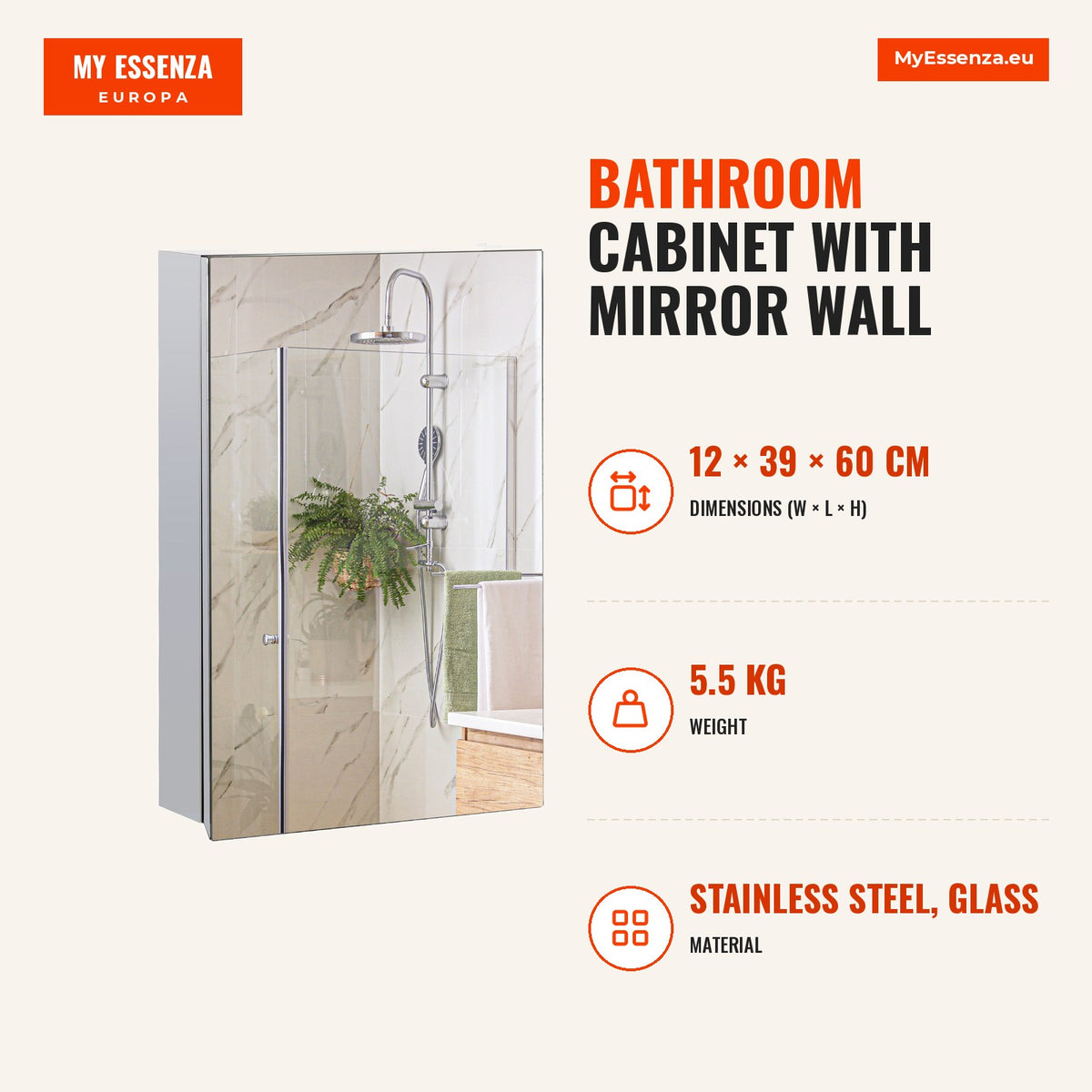 Armário de Casa de Banho com Espelho Armário de Parede para Casa de Banho com Porta e 3 Prateleiras de Armazenamento para Duche 39x12x60cm Prata — Infografia | Infographic — dimensions