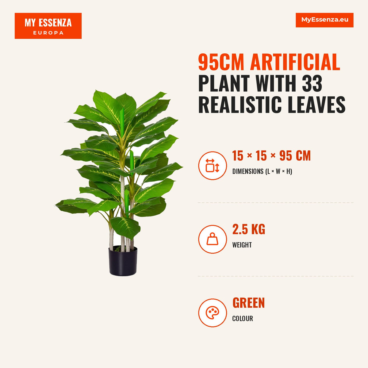 Planta Artificial de 95cm com 33 Folhas Realistas em Vaso de Cimento Planta Imitação Folha Perene Interior e Exterior para Decoração Verde — Infografia | Infographic — dimensions