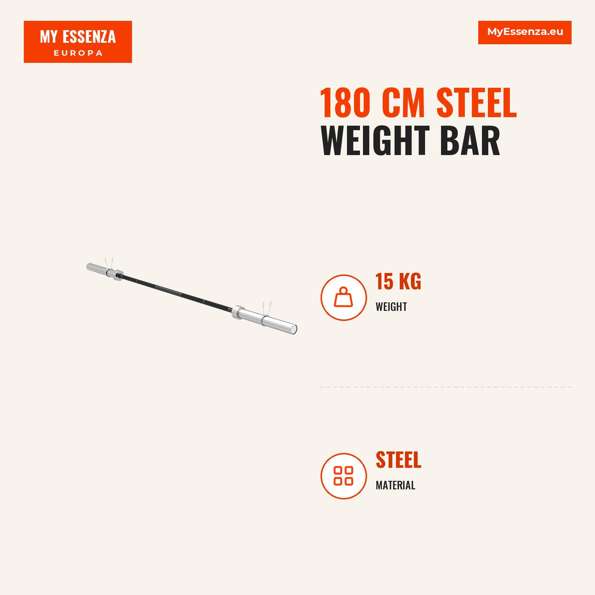 Barra de Pesos de Aço180 cm Ø50 mm com 2 Grampos Carga 200 kg Barra Olimpica para Discos de Ø5 cm Treino em Ginásio Casa Prata e Preto — Infografia | Infographic — dimensions