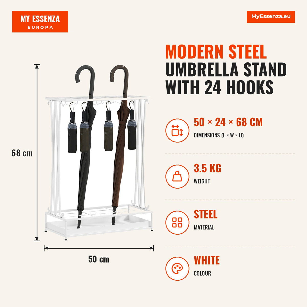 Suporte para Guarda-Chuva Moderno Retangular Suporte para Guarda Chuvas de Aço com 24 Ganchos 21 Espaços e Bandeja Recolhedora de Gotas Amovível para  — Infografia | Infographic — dimensions